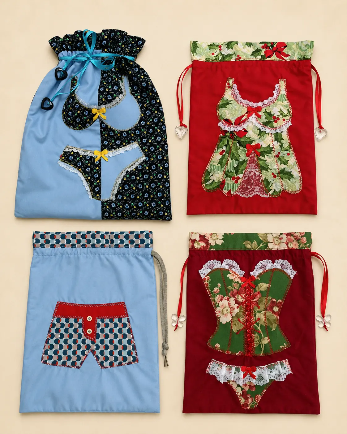 Bolsas patchwork artesanales con diseños de ropa interior